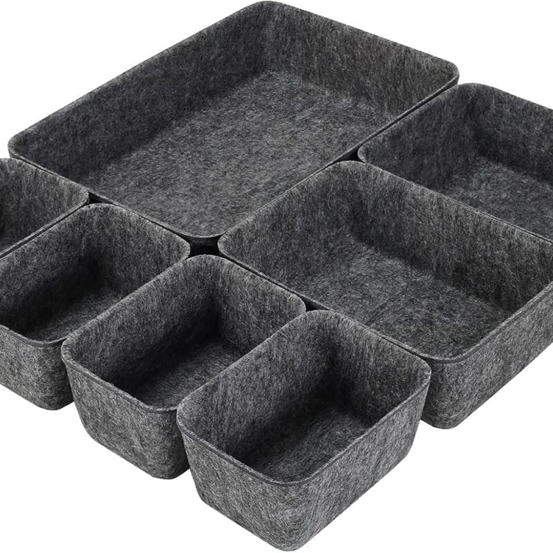 Desk Drawer Organizer Tray Dividers Set Kitchen Bathroom Office Drawer Organizers Separators Shallow Felt Storage Bins Container for Makeup Juck Jewelry Utensils Tools Dresser, Grey, 7 Pack
