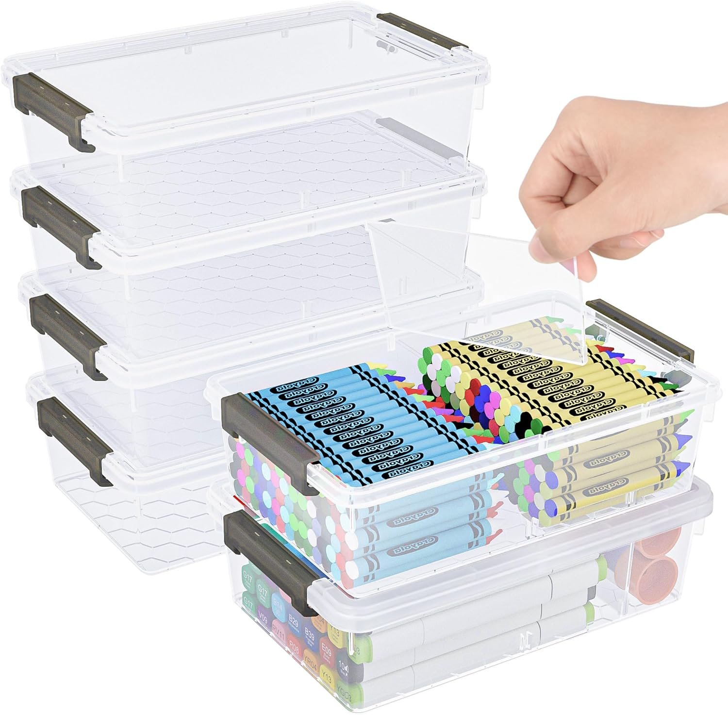 6 Pack Extra Large Pencil Box with Removable Divider, Thickened Pencil Case Bulk, Clear Crayon Marker Organizer Stackable Plastic Small Storage Containers for Pen Craft School Supplies(Grey)