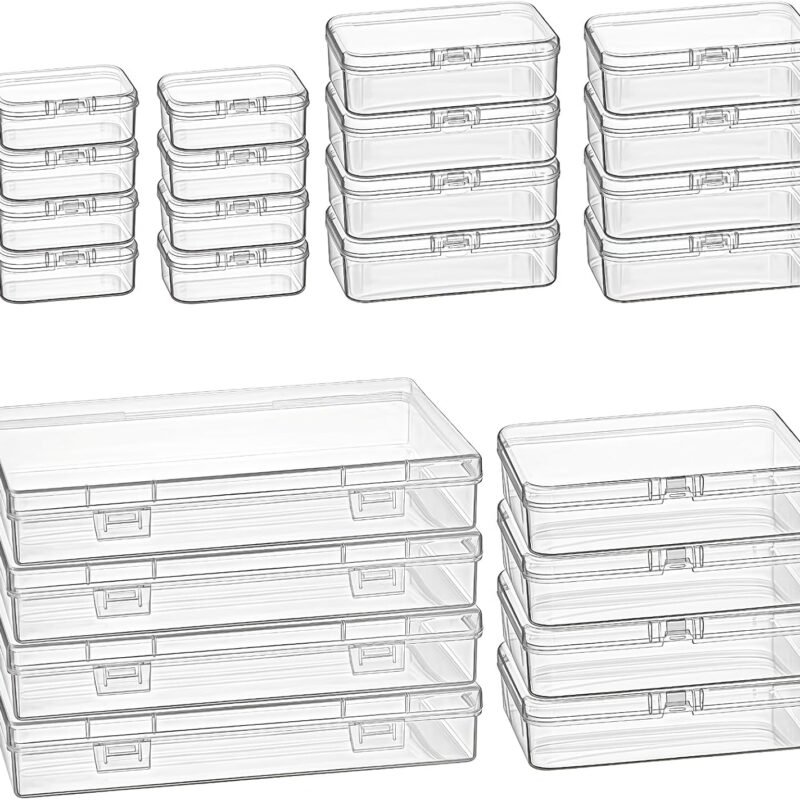 24 Pieces Mixed Sizes Rectangular Empty Mini Clear Plastic Organizer Storage Box Containers with Hinged Lids for Small Items and Other Craft Projects