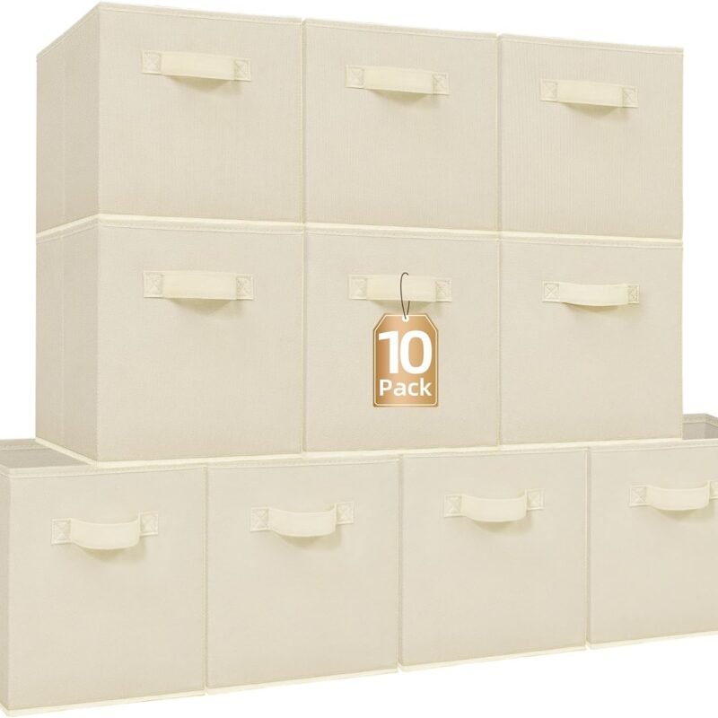 Storage Cubes, 11 Inch Collapsible Storage Bins with Handles, 10 Pack Fabric Foldable Bins for Organization, Durable Storage Bins for Closet, Shelves, Offices, Toys, 10-Pack Beige