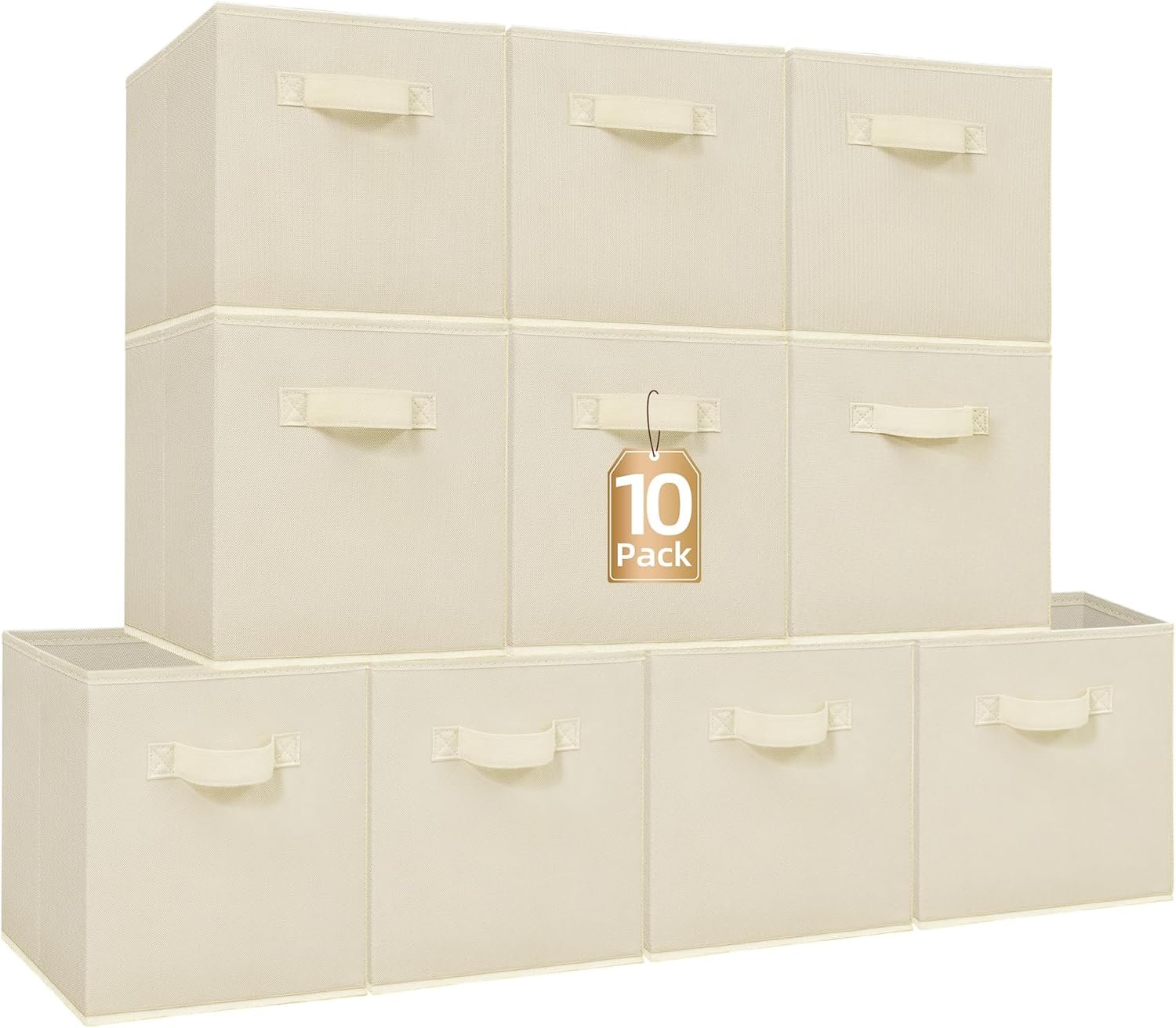 Storage Cubes, 11 Inch Collapsible Storage Bins with Handles, 10 Pack Fabric Foldable Bins for Organization, Durable Storage Bins for Closet, Shelves, Offices, Toys, 10-Pack Beige