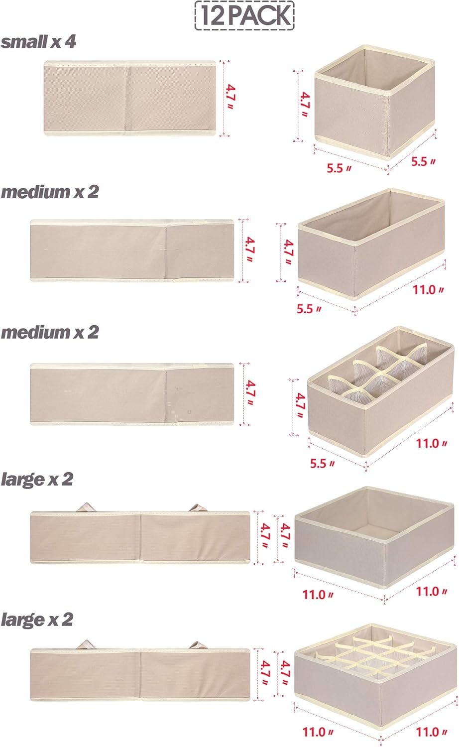 12 Pack Foldable Drawer Organizer Dividers Cloth Storage Box Closet Dresser Organizer Cube Fabric Containers Basket Bins for Underwear Bras Socks Panties Lingeries Nursery Baby Clothes Beige - Image 2