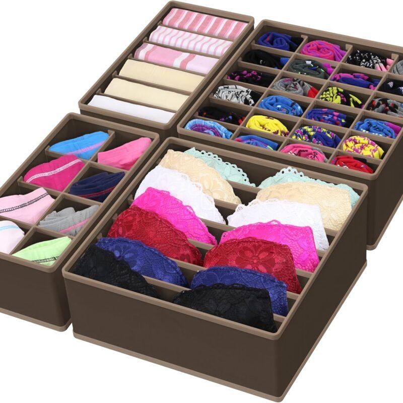 4-Pack Drawer Organizer Set - Closet Dividers for Underwear, Socks, Bras, Scarves, Ties - Foldable Non-Woven Storage Boxes, Brown