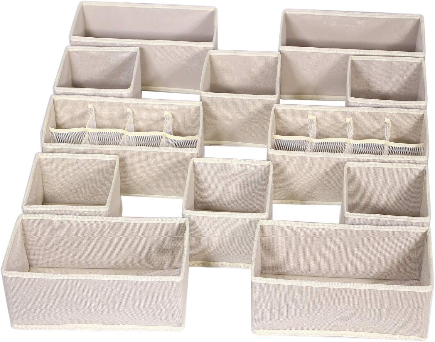 12 Pack Foldable Drawer Organizer Dividers Cloth Storage Box Closet Dresser Organizer Cube Fabric Containers Basket Bins for Underwear Bras Socks Panties Lingeries Nursery Baby Clothes Beige