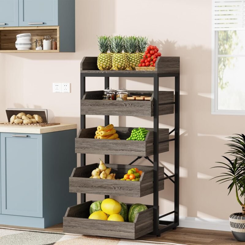 Wood Fruit and Vegetable Storage Rack, 5-Tier Pull-Out Snack Stand Fruit Basket Stand, Utility Shelf Organizer for Kitchen, Living Room, Bedroom, Gray