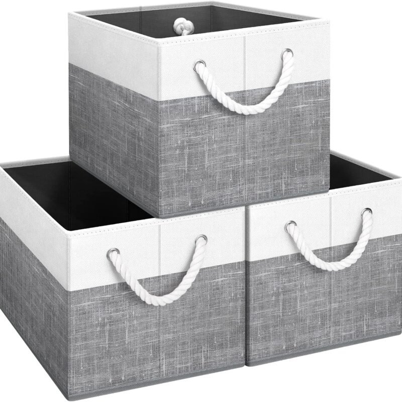 Storage Bins [3-Pack], Foldable Storage Baskets for Organizing Toys, Books, Shelves, Closet, Large Storage Box with Rope Handles, Sturdy Organizer Bins, White & Grey