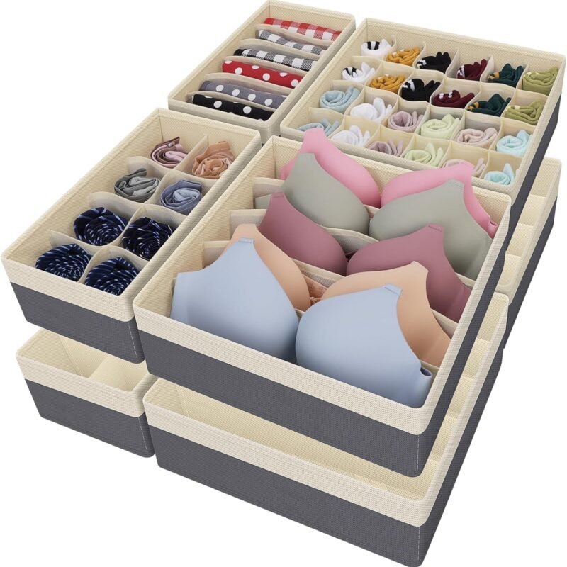 Drawer Organizer Divider, Foldable Closet Storage Organizer Basket, and Fabric Organization Bins for Clothes, Socks, Underwear, Bras, Ties, Accessories, 8 Pcs (Beige & Dark Grey)