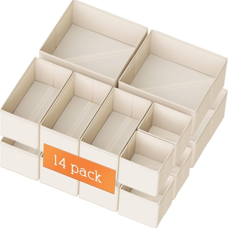 Drawer Organizer Clothes, 14 Pack Dresser Organizer for Baby Clothes, Underwear, Sock- Foldable Closet Organization and Storage Dividers Bins for Nursery, Bedroom and Dorm (Beige)