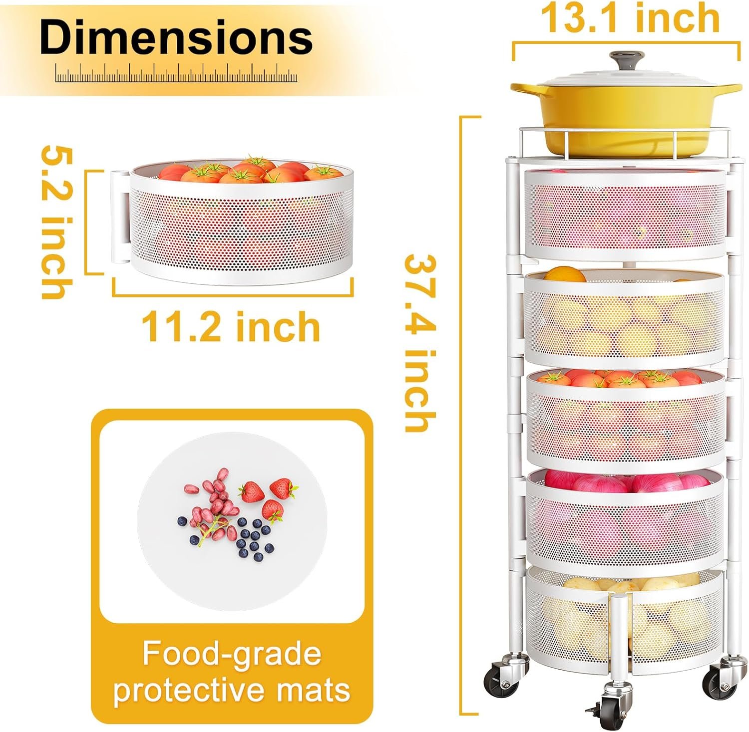 Fruit and Vegetable Basket Bowls for Kitchen with Metal Top Lid, 5 Tier Rotating Storage Rack Cart for Potato Onion Banana, Wire Basket Organizer on Wheels, Large (White) - Image 2