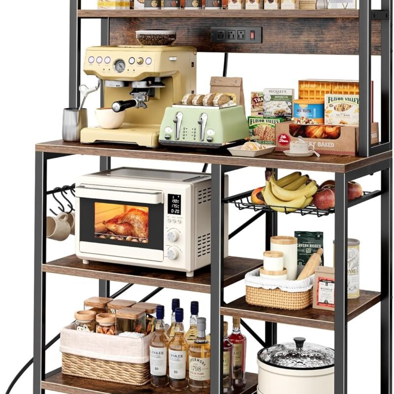 Bakers Rack with Power Outlet, 35.4 Inches Coffee Bar with Wire Basket, Kitchen Microwave Stand with 6 S-Shaped Hooks, Open Storage Shelves, Rustic Brown
