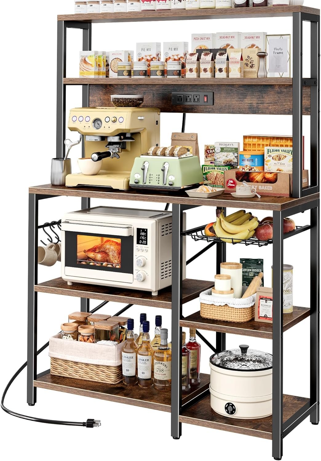 Bakers Rack with Power Outlet, 35.4 Inches Coffee Bar with Wire Basket, Kitchen Microwave Stand with 6 S-Shaped Hooks, Open Storage Shelves, Rustic Brown