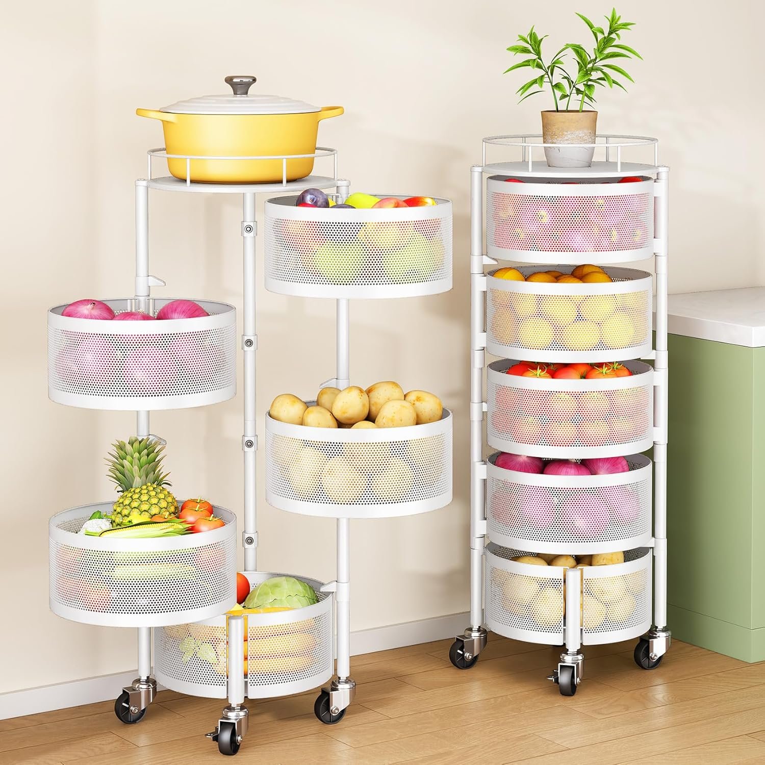 Fruit and Vegetable Basket Bowls for Kitchen with Metal Top Lid, 5 Tier Rotating Storage Rack Cart for Potato Onion Banana, Wire Basket Organizer on Wheels, Large (White)