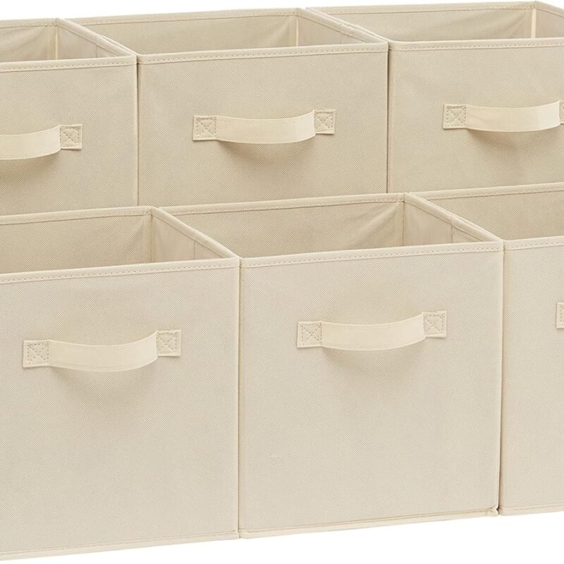 Collapsible Fabric Storage Cubes Organizer with Handles, Sturdy, Beige, 10.5-x-10.5-x-11-inch, Pack of 6