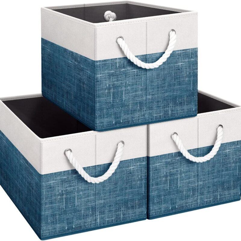 Storage Bins [3-Pack], Foldable Storage Baskets for Organizing Toys, Books, Shelves, Closet, Large Storage Box with Rope Handles, Sturdy Organizer Bins, White & Blue